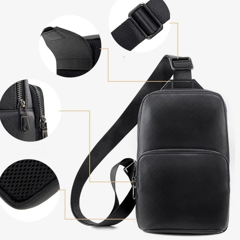Schwarze Herren Brusttasche Leder Multifunktion Outdoor Rucksack Männliche Schulter Cross Tasche