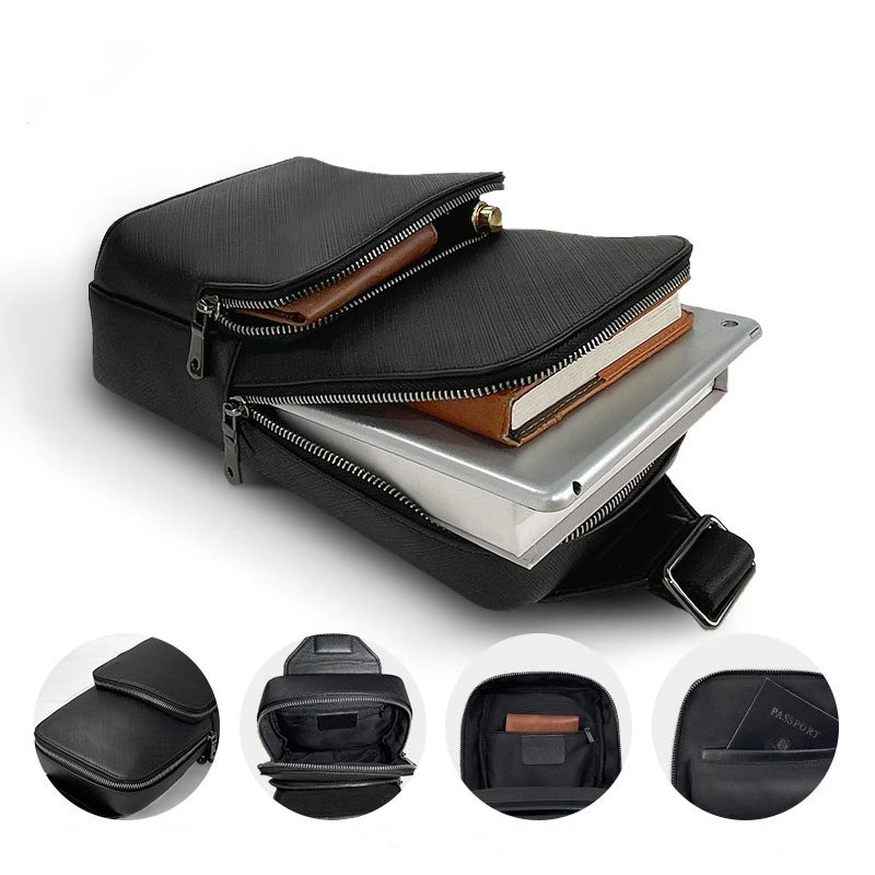 Schwarze Herren Brusttasche Leder Multifunktion Outdoor Rucksack Männliche Schulter Cross Tasche